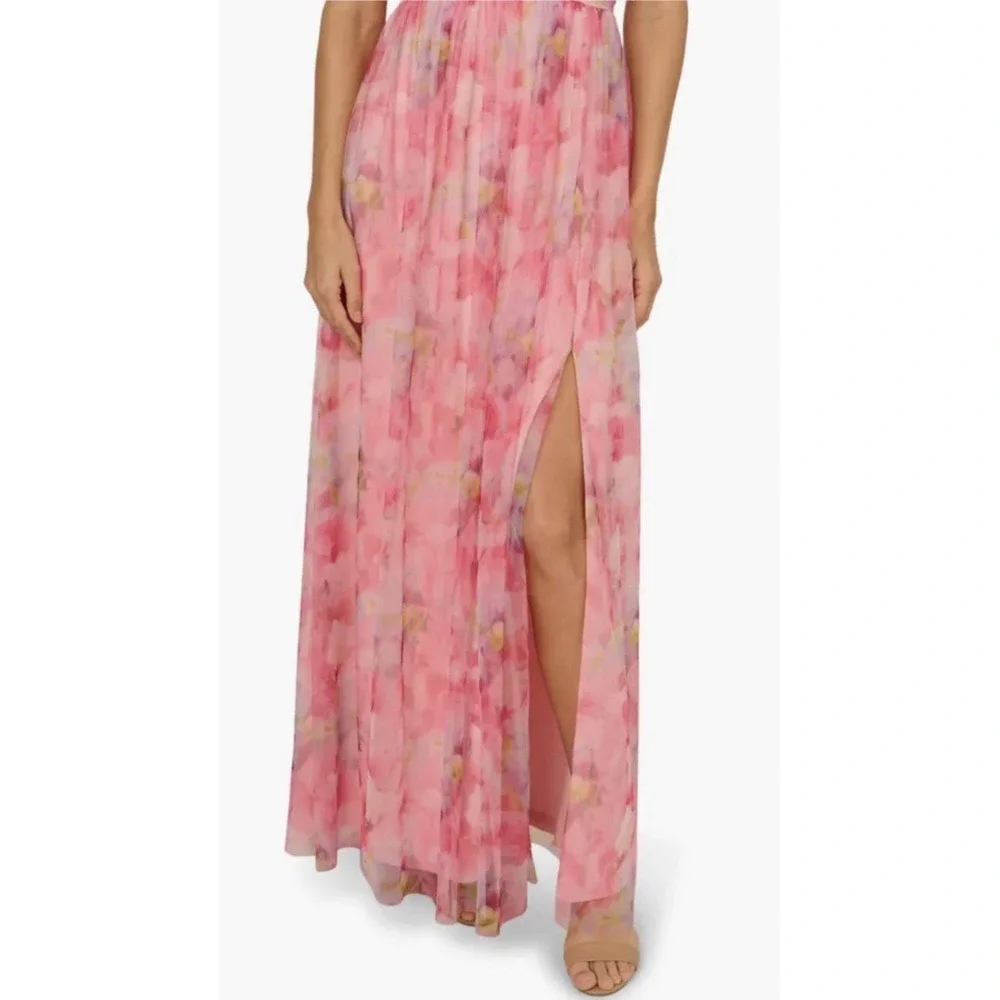 Adrianna Papell Off-the-Shoulder Floral Tulle Pink Gown Size US 8 Petite $300 - Picture 5 of 14